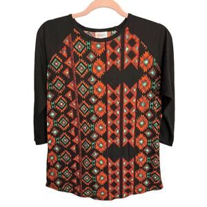 Lularoe Randy Aztec Raglan top black orange 3/4 sleeve scoop neck Medium